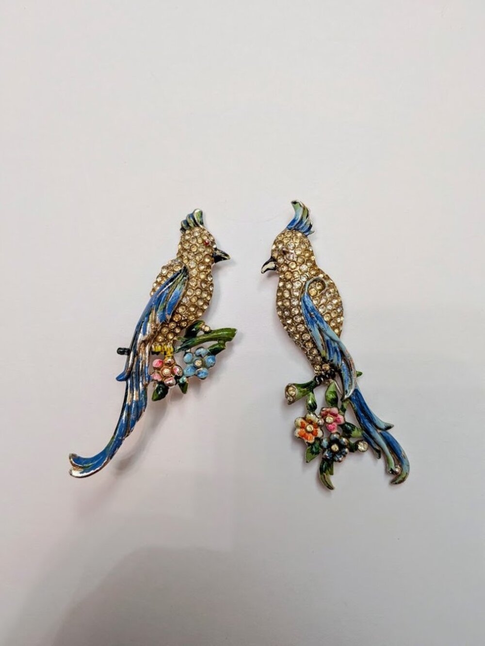 Vintage Coro Duette Bird Brooch Rhinestone Enamel Double Dress Clips - Picture 9 of 11